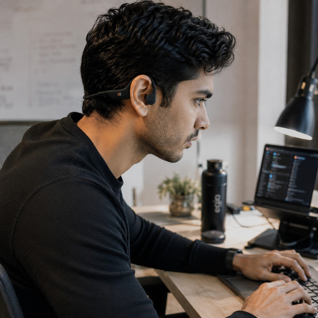 A person coding at a desk while wearing Bone Grip Edge, ears open