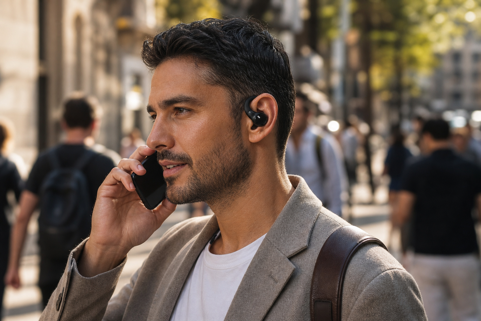 Someone taking a call out on the street wearing GripFlow One, ears open to the world