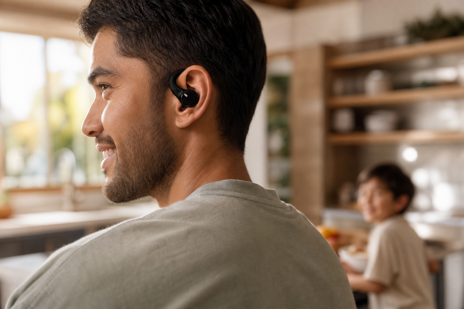 A parent at home listening to music while the kids play nearby, wearing GripFlow One